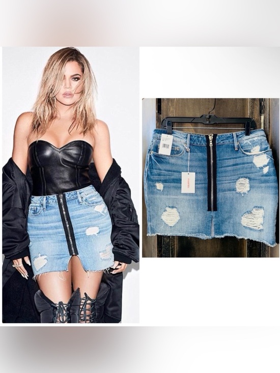 Good American Dresses & Skirts - NWT Good American Distressed Blue Denim Exposed Zip Up Mini Skirt Sz10‎